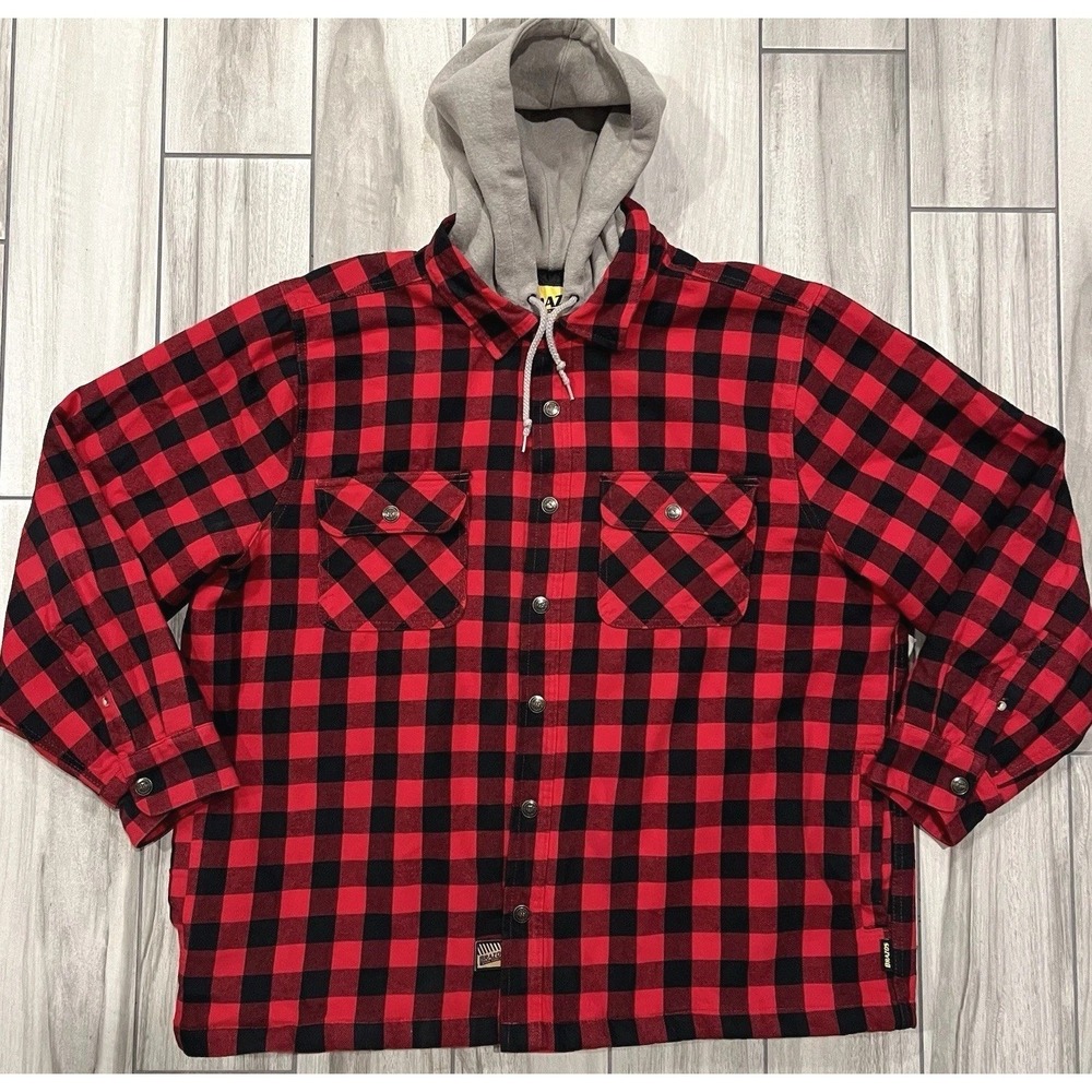 Brazos Flannel Shirt Jacket Mens 2XL Red Black Plaid Excellent Hooded Quilted